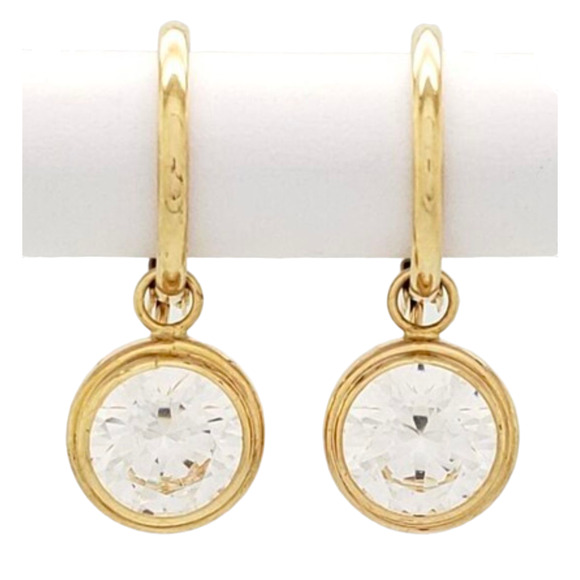 14K Gold Dangle Earrings | Round Bezel-Set CZ Drops | 2g | DQCZ JCM Stamped - Picture 1 of 7